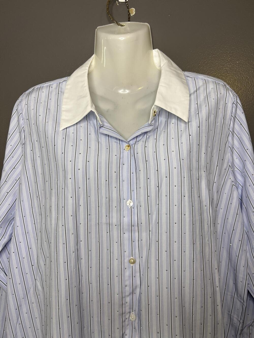 Sioni Shirt Womens Medium Blue White Stripe Rhinestone Long Sleeve Button Top